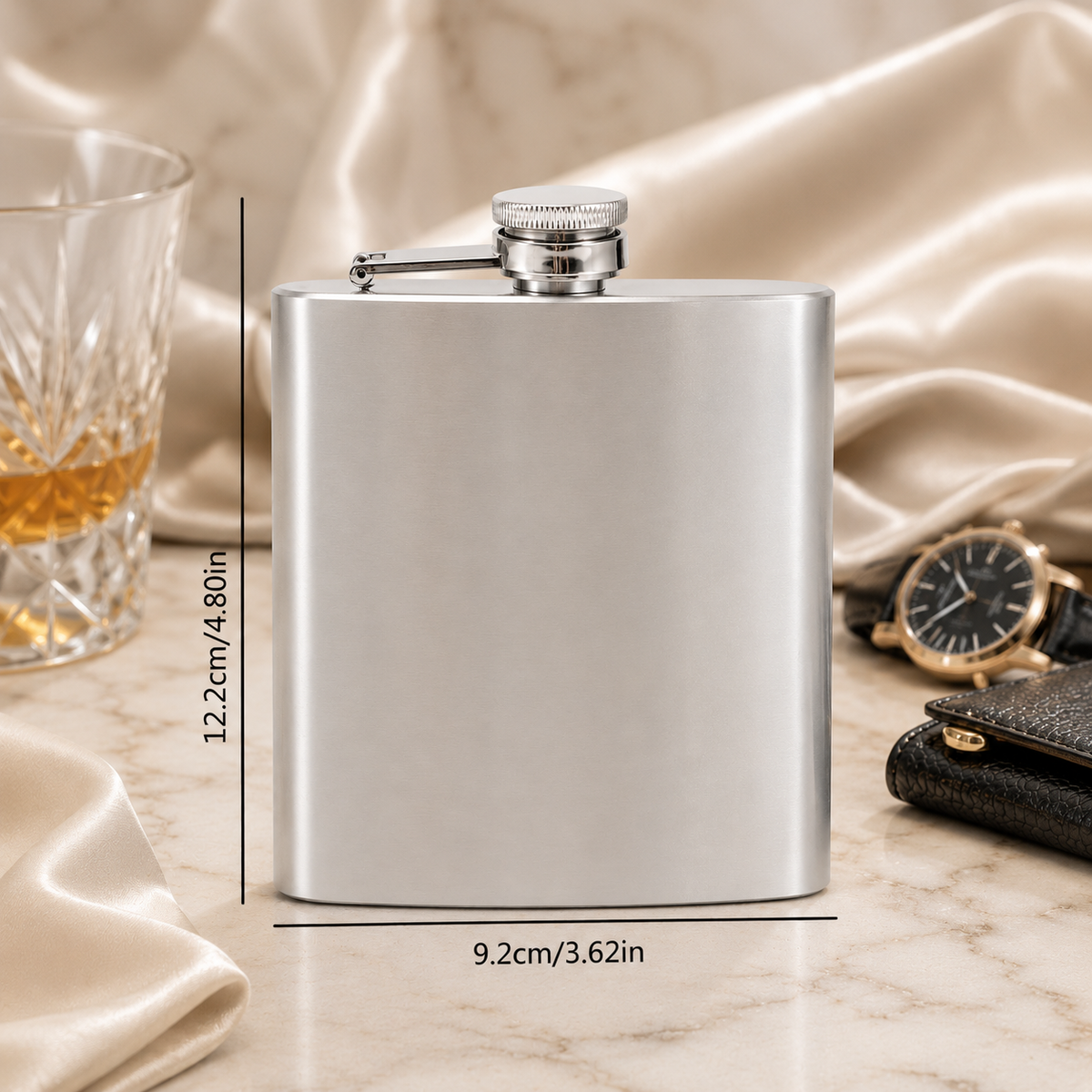 Hip flask, 210 ml, stainless steel, silver-tone, with engraving