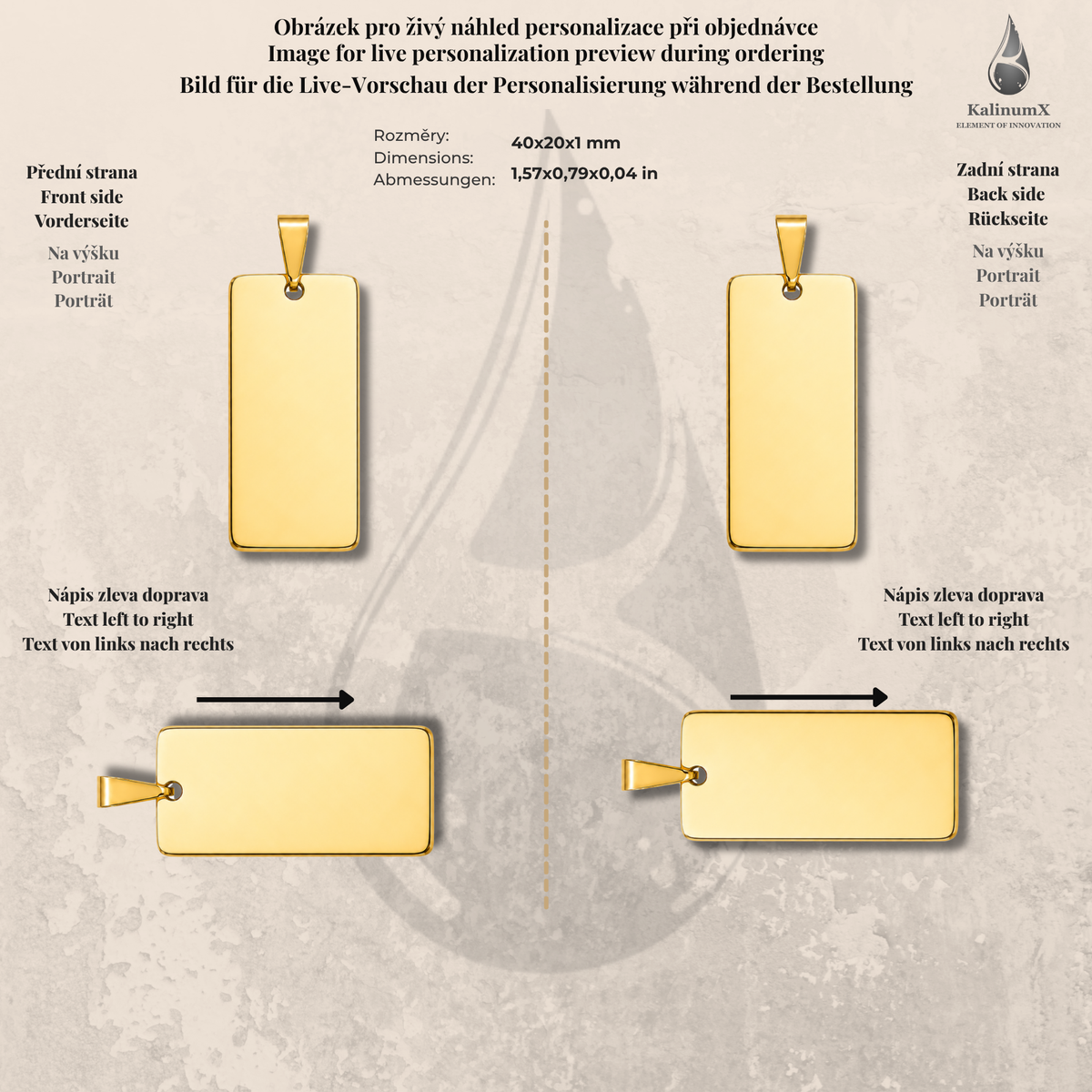 Stainless steel plate pendant – 40 × 20 mm – gold-tone, KalinumX