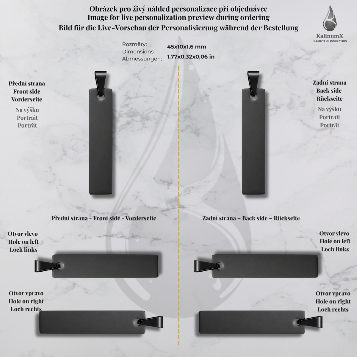 Přívěsek destička 45 × 10 mm – nerezová, bez řetízku, černá