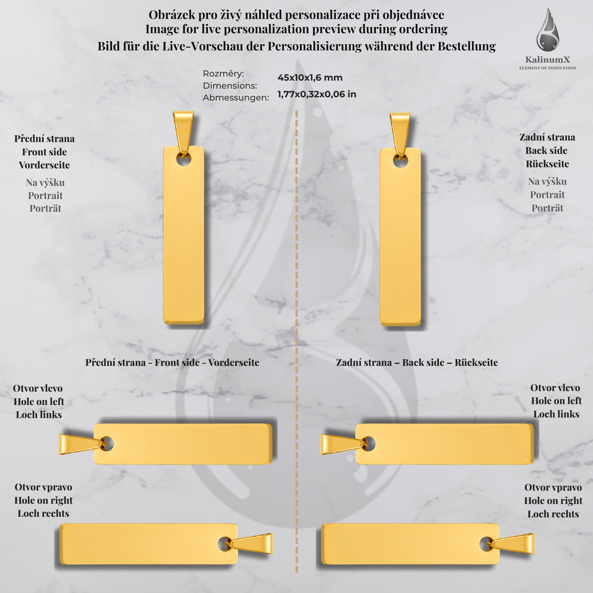 Přívěsek destička 45 × 10 mm – nerezová, bez řetízku, zlatá