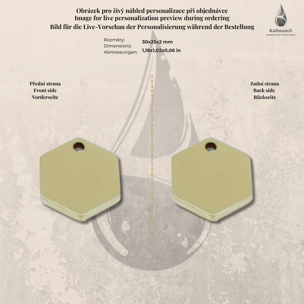 Hexagonal brass pendant – 30 × 25 × 2 mm