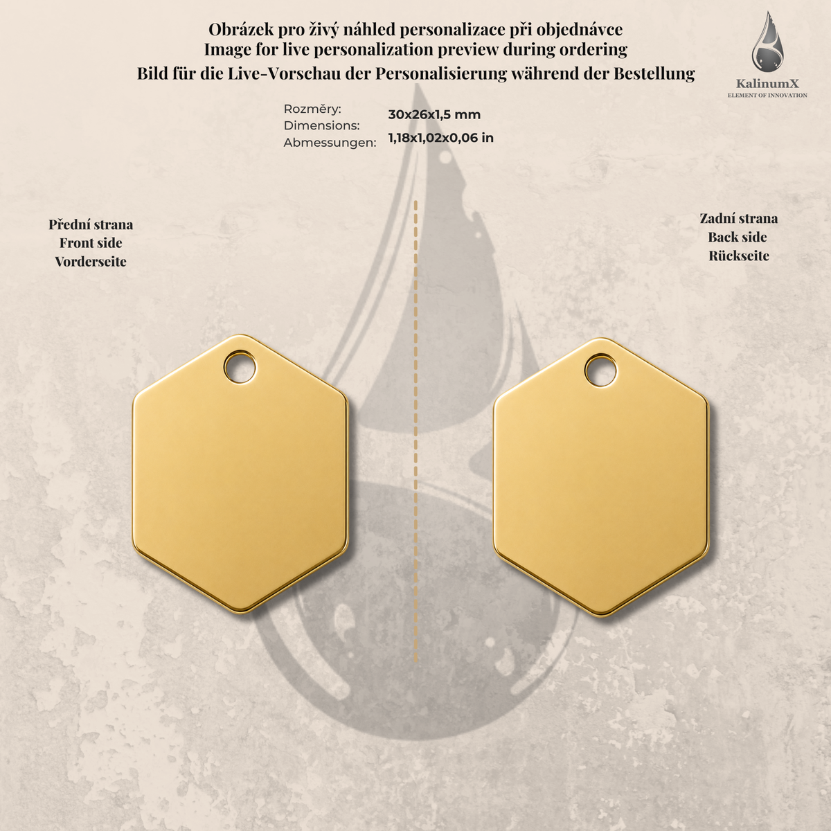 Hexagonal brass pendant – 30 × 26 × 1,5 mm