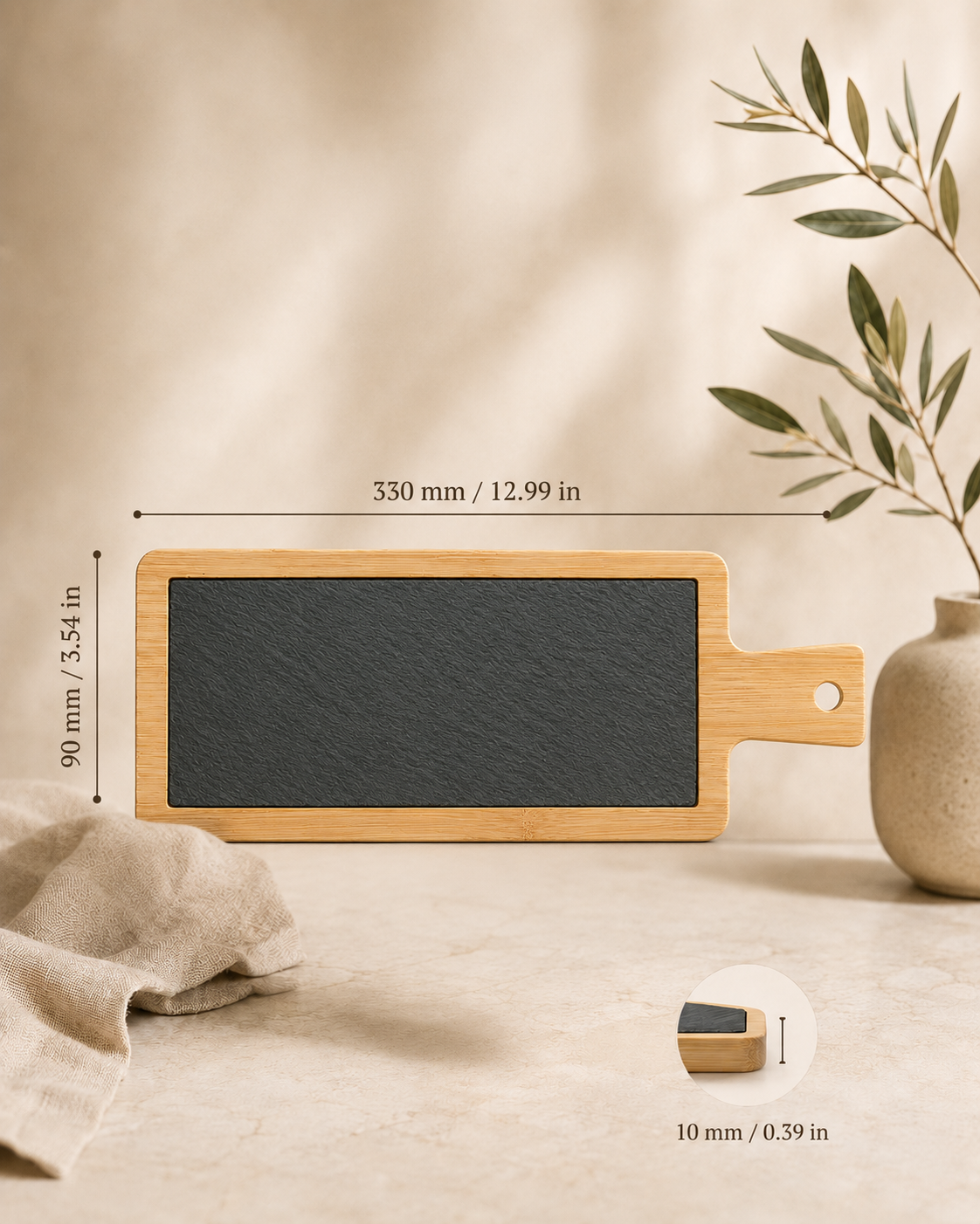 Schieferplatte mit Holzrand – 330 × 90 mm – mit Gravur