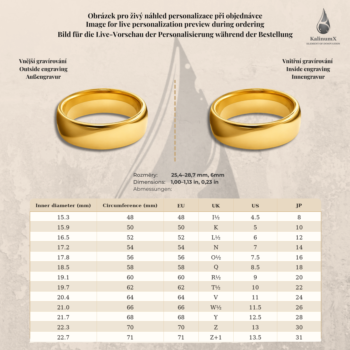 Glänzender goldfarbener Edelstahlring mit Gravur, 6 mm breit