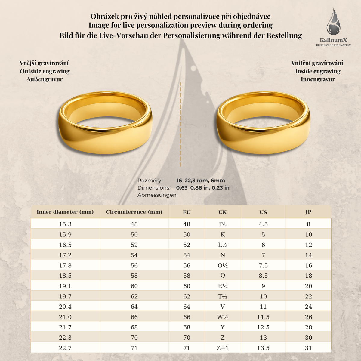 Gold-tone titanium ring with engraving, 6 mm wide