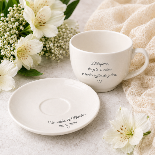 Ceramic cup and saucer – 240 ml – ivory – with engraving