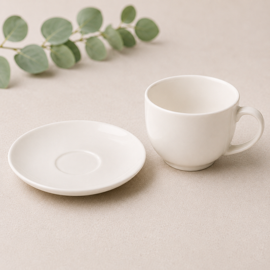 Ceramic cup and saucer – 240 ml – ivory – with engraving