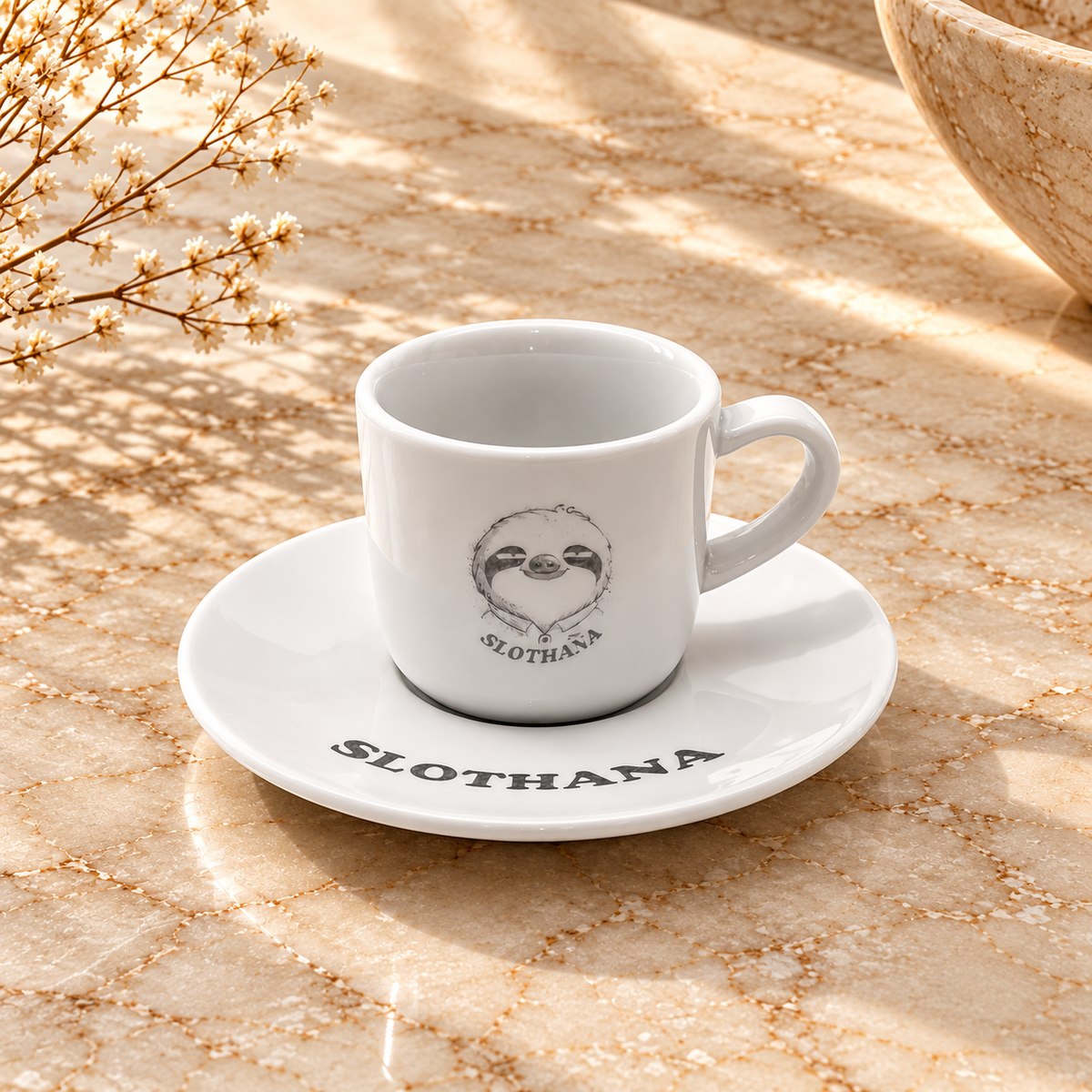 Slothana-Keramiktasse mit Untertasse – 50 ml – weiß – fertige Gravur