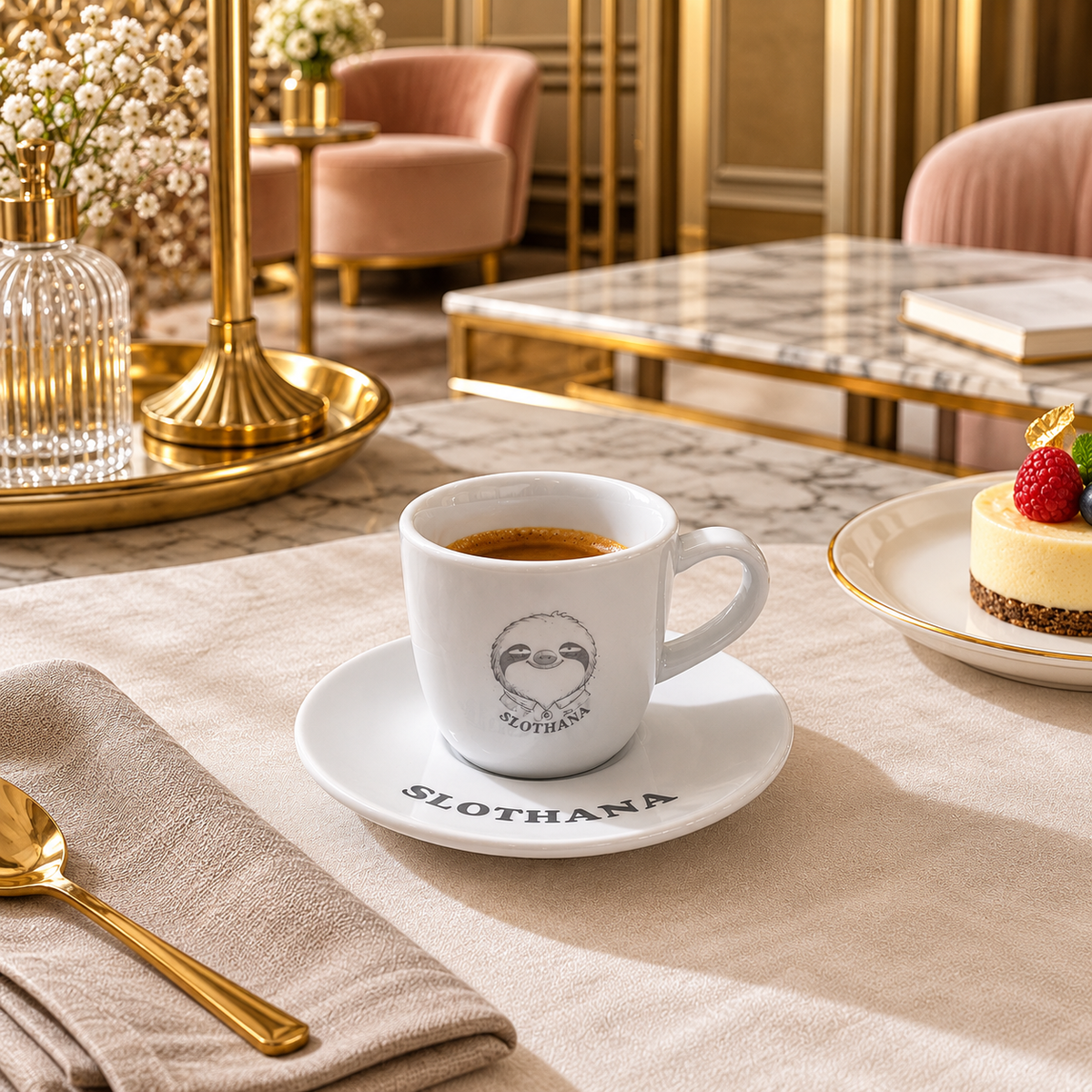 Slothana-Keramiktasse mit Untertasse – 50 ml – weiß – fertige Gravur
