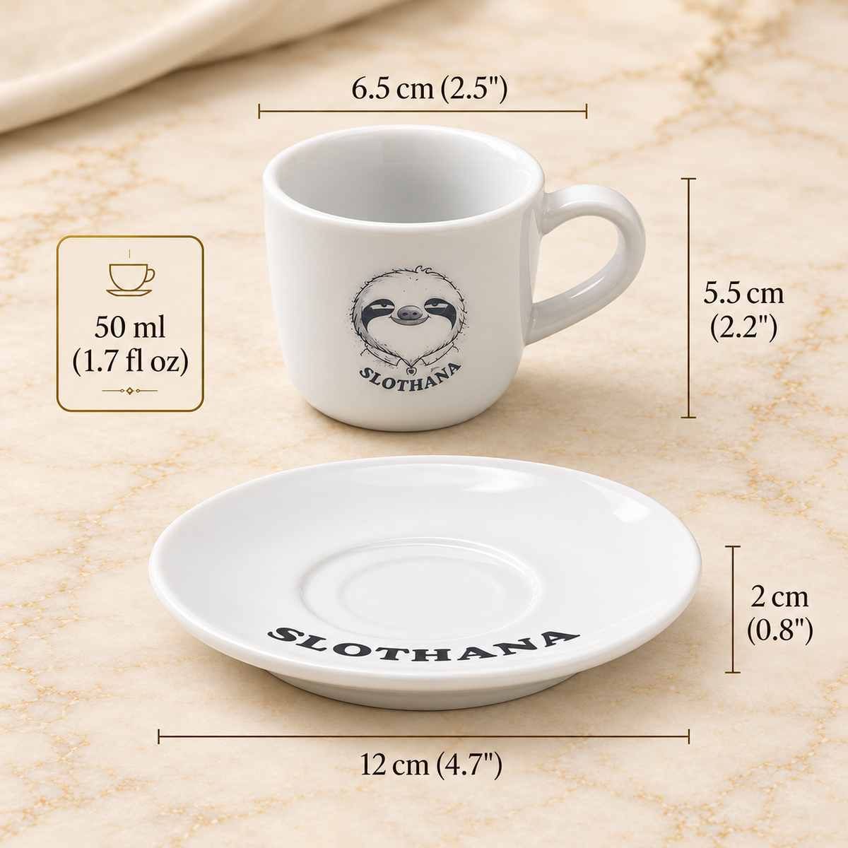 Slothana-Keramiktasse mit Untertasse – 50 ml – weiß – fertige Gravur