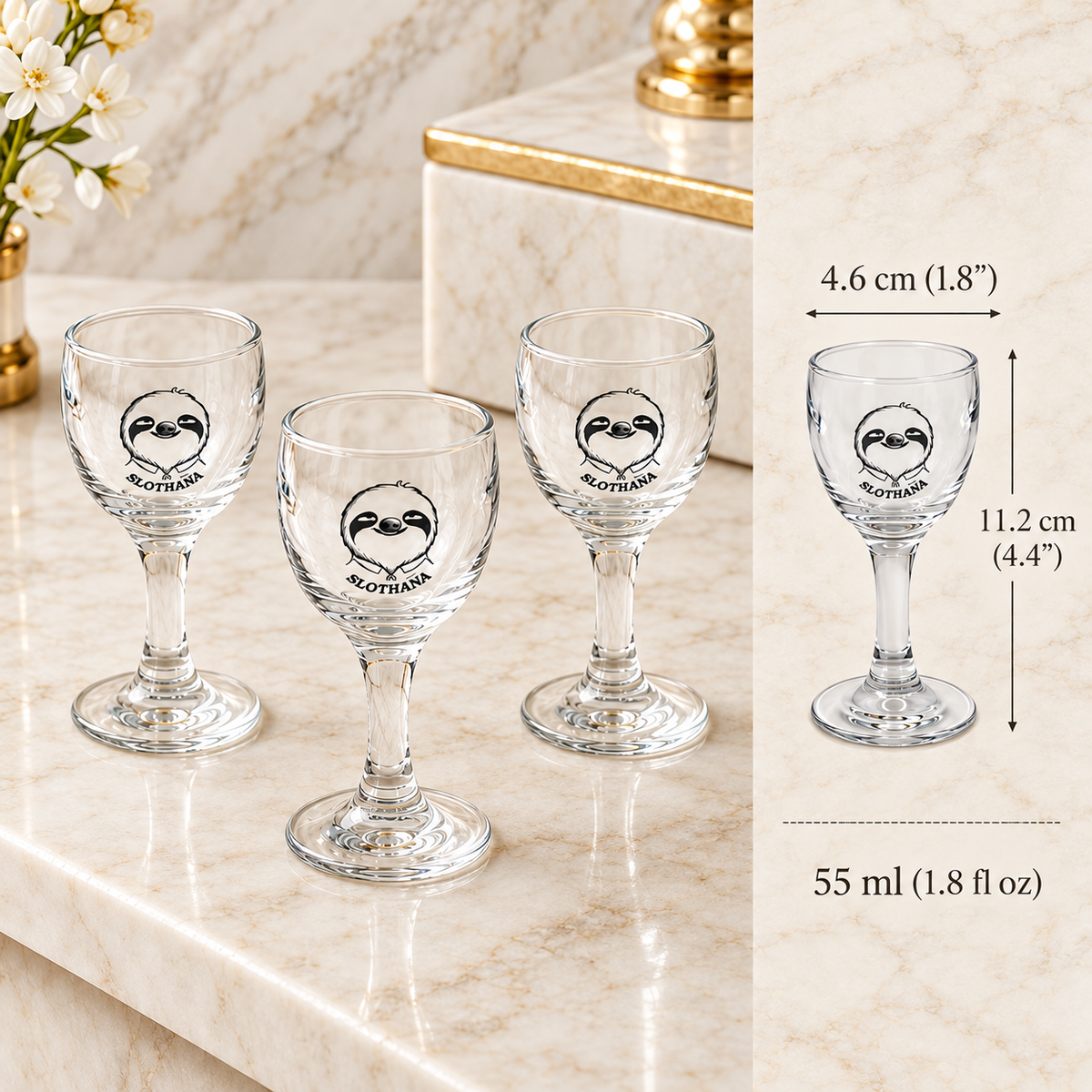 Slothana Classic Sloth Schnapsglas – 55 ml – Klarglas – fertige Gravur