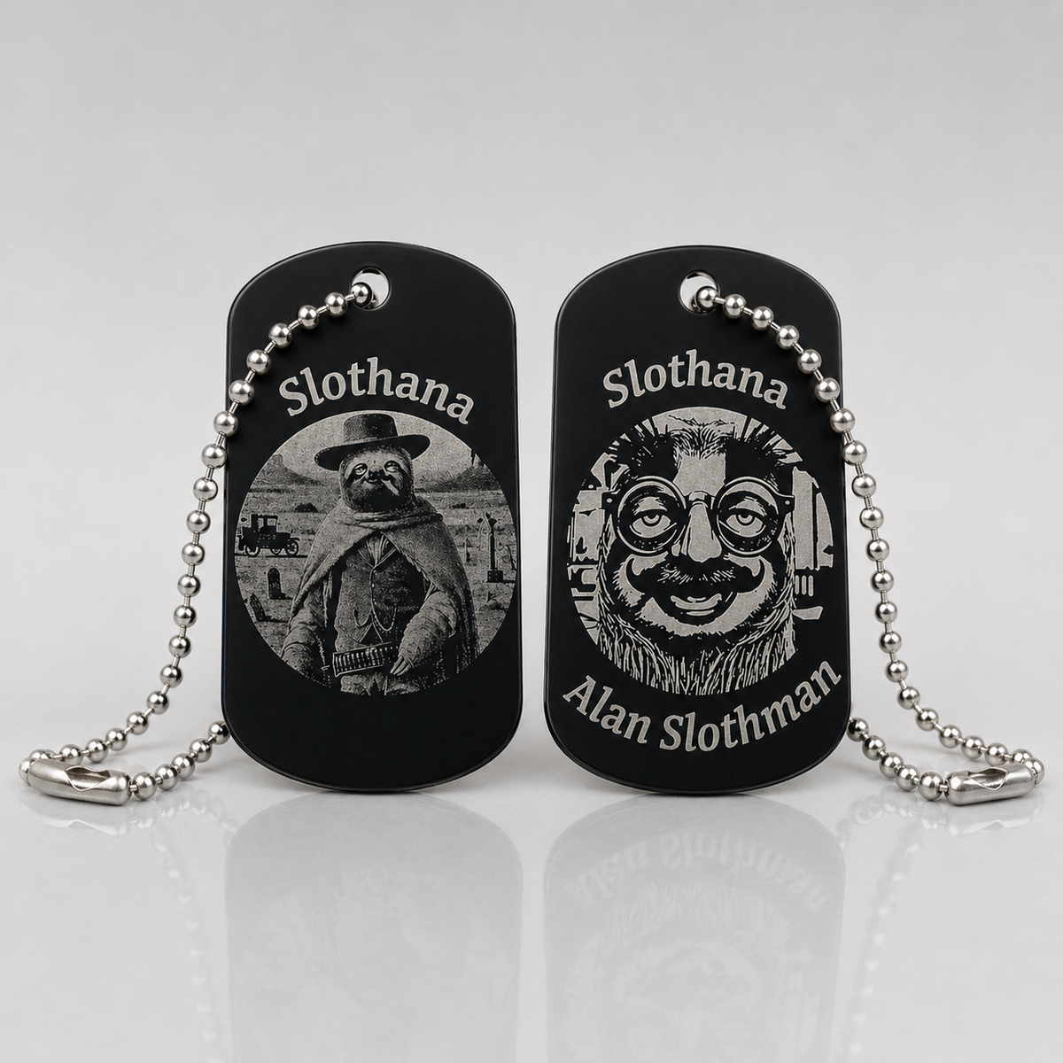 Dog Tag – 50 × 29 × 1 mm – aluminium – black – Slothana: Cowboy & Alan Slothman – with engraving