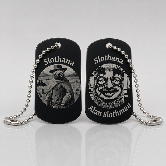 Dog Tag – 50 × 29 × 1 mm – aluminium – black – Slothana: Cowboy & Alan Slothman – with engraving
