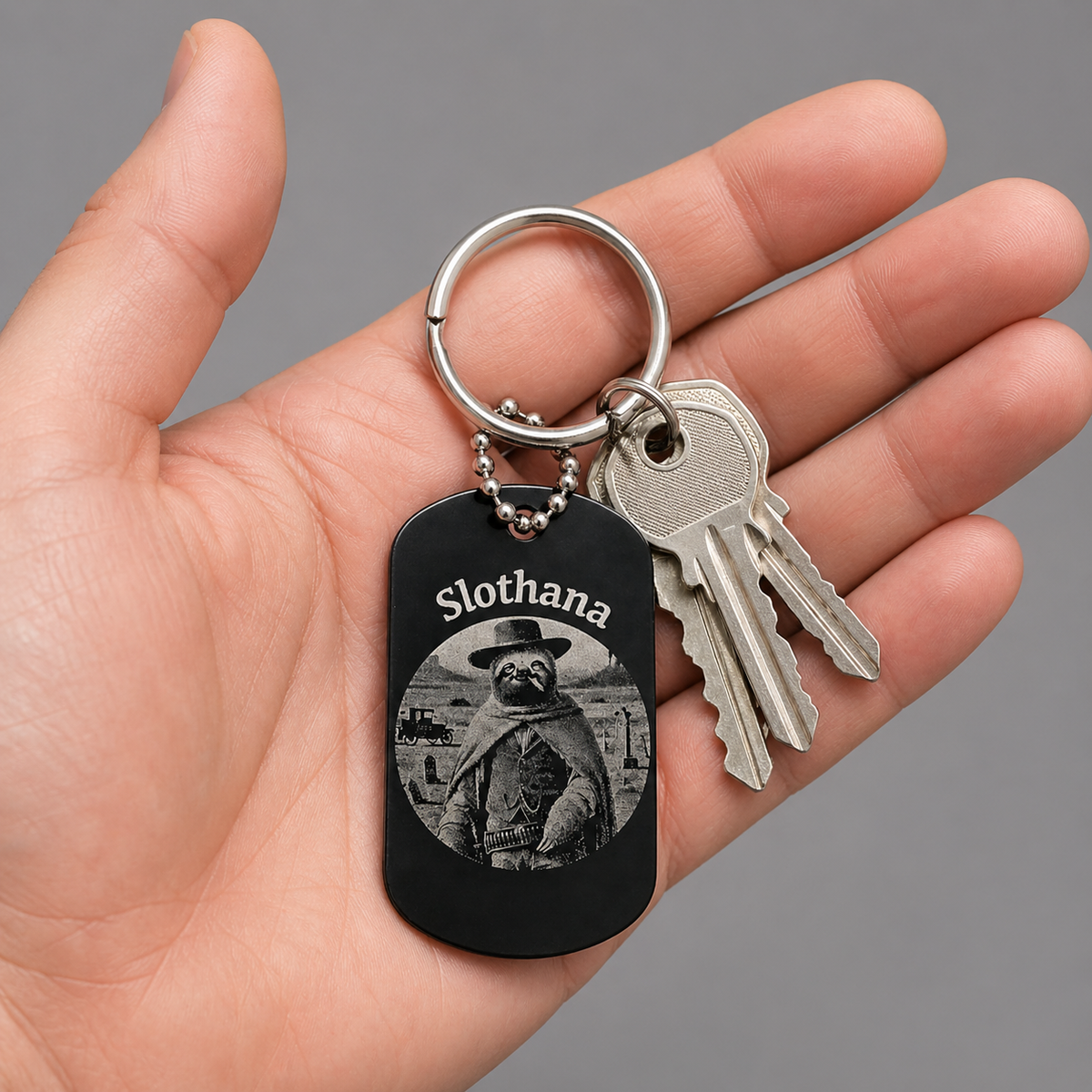Dog Tag – 50 × 29 × 1 mm – aluminium – black – Slothana: Cowboy & Alan Slothman – with engraving