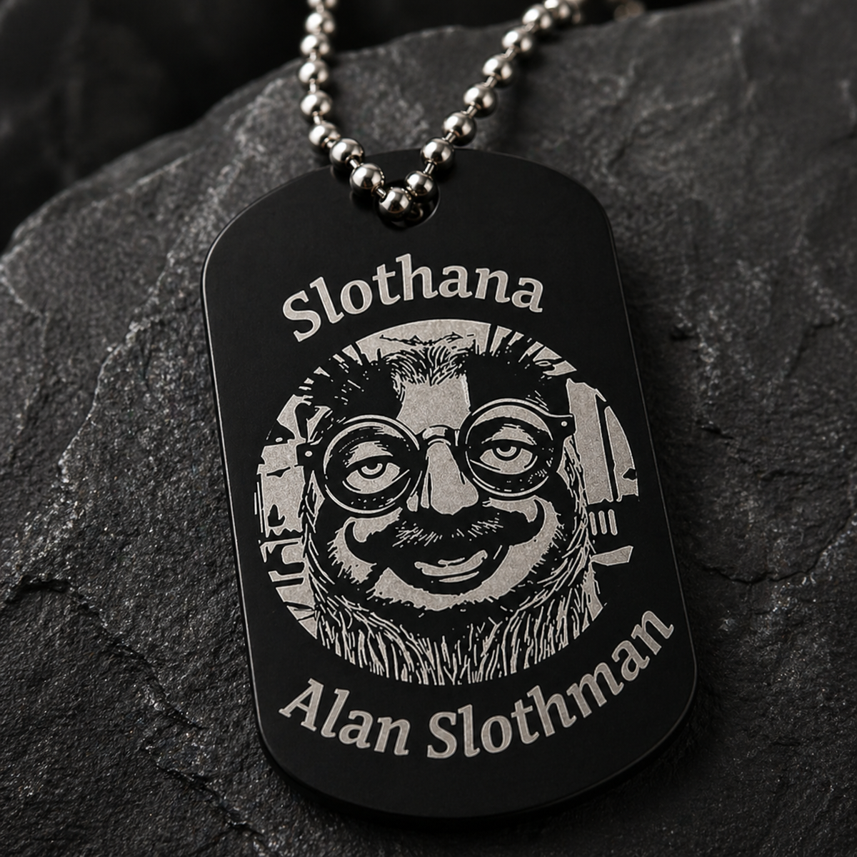 Dog Tag – 50 × 29 × 1 mm – aluminium – black – Slothana: Cowboy & Alan Slothman – with engraving