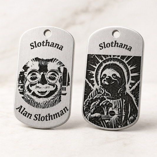 Dog Tag – 50 × 29 × 1 mm – aluminium – silver – Slothana: Jesus Sloth & Alan Slothman – with engraving