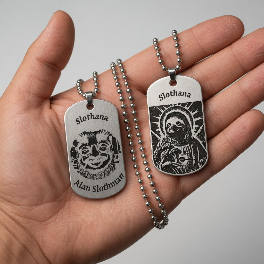 Dog Tag – 50 × 29 × 1 mm – Aluminium – silberfarben – Slothana: Jesus Sloth & Alan Slothman – mit Gravur