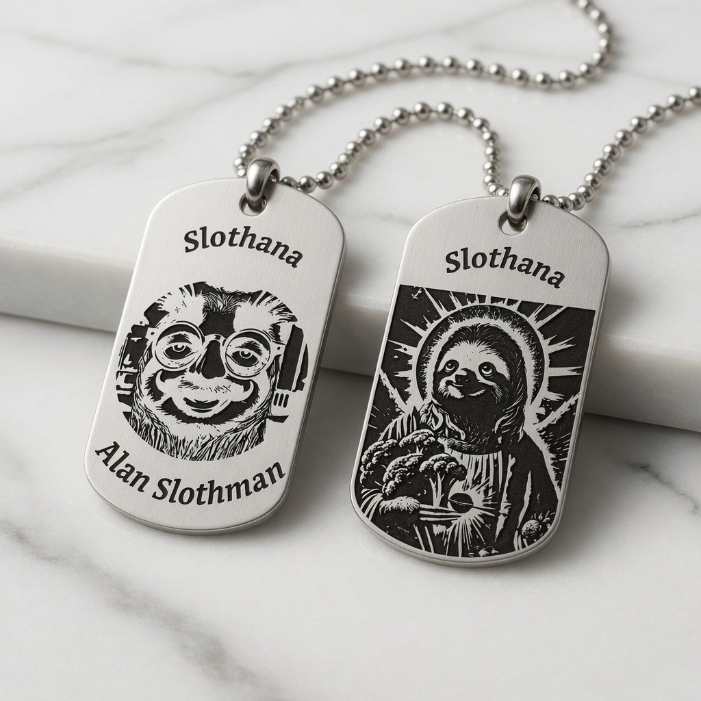 Dog Tag – 50 × 29 × 1 mm – Aluminium – silberfarben – Slothana: Jesus Sloth & Alan Slothman – mit Gravur