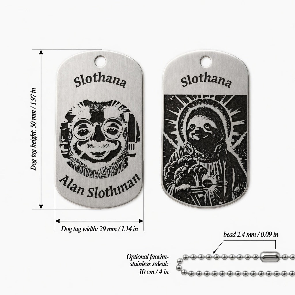 Dog Tag – 50 × 29 × 1 mm – Aluminium – silberfarben – Slothana: Jesus Sloth & Alan Slothman – mit Gravur