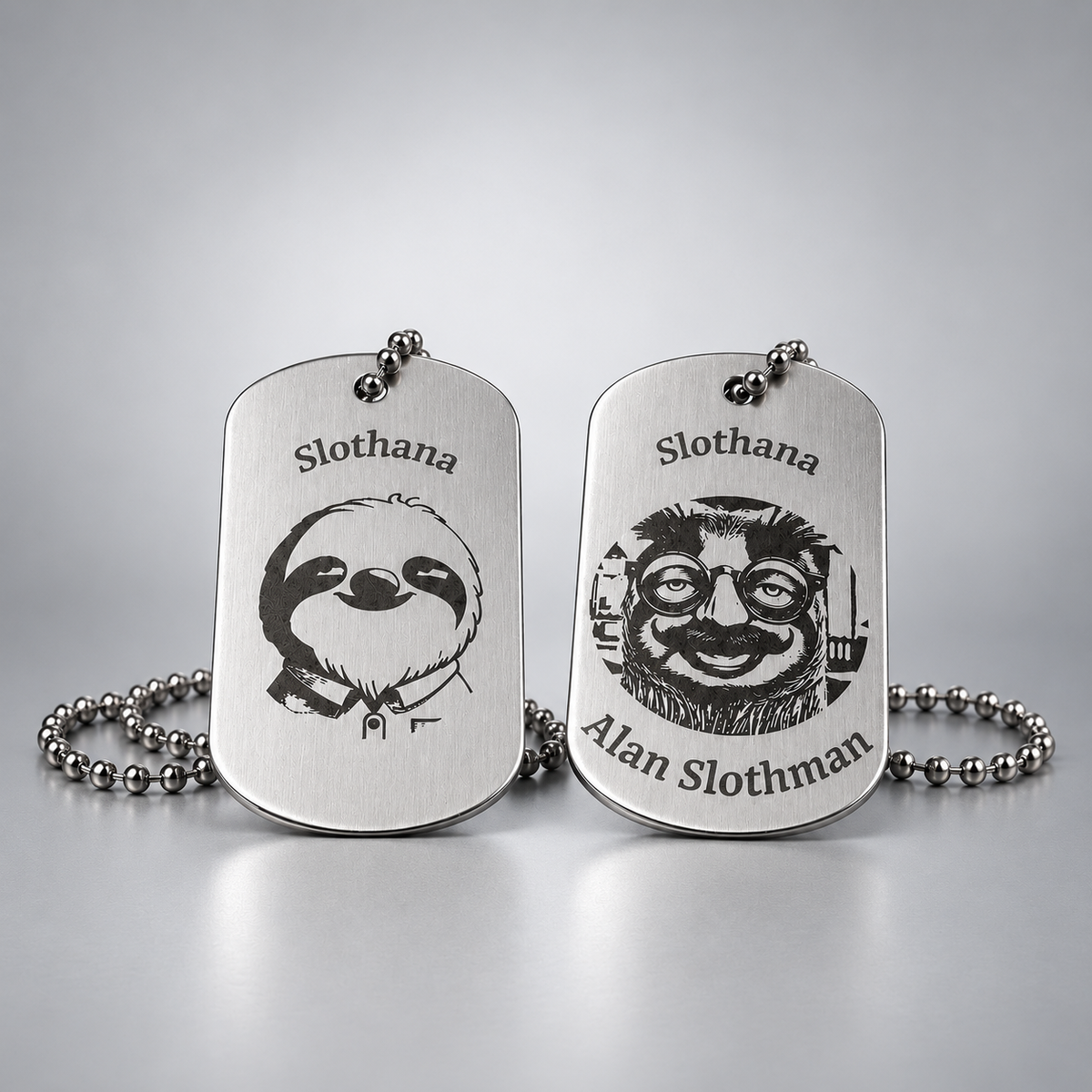 Dog Tag – 50 × 29 × 1 mm – aluminium – Slothana: Sloth & Alan Slothman – with engraving