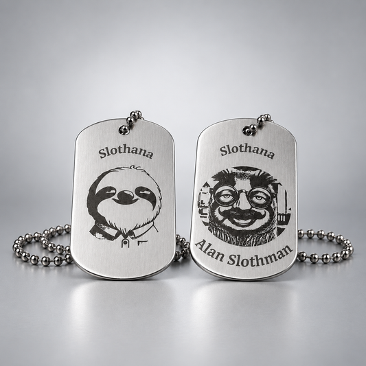 Dog Tag – 50 × 29 × 1 mm – aluminium – Slothana: Sloth & Alan Slothman – with engraving