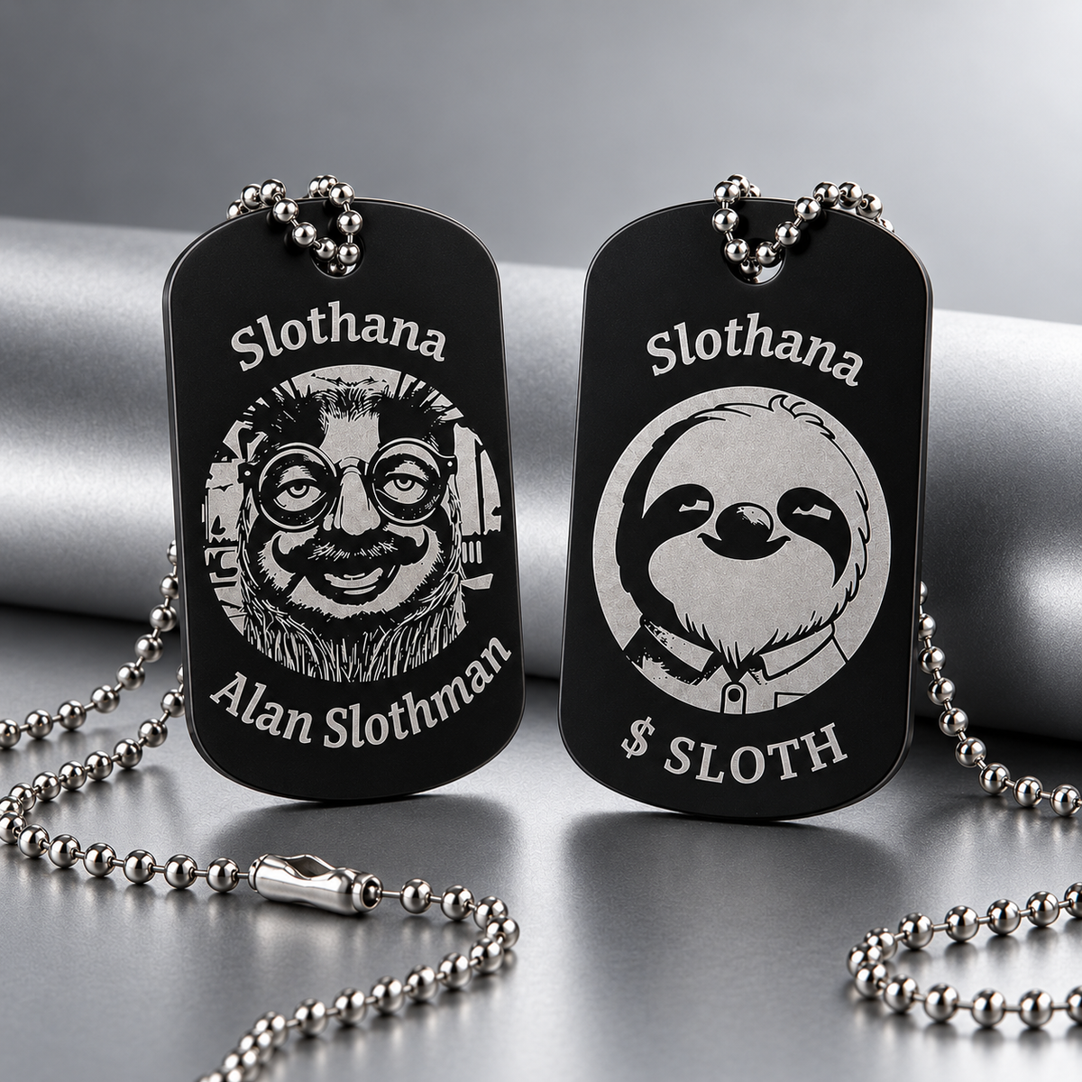 Dog Tag – 50 × 29 × 1 mm – aluminium – Slothana: Sloth & Alan Slothman – with engraving