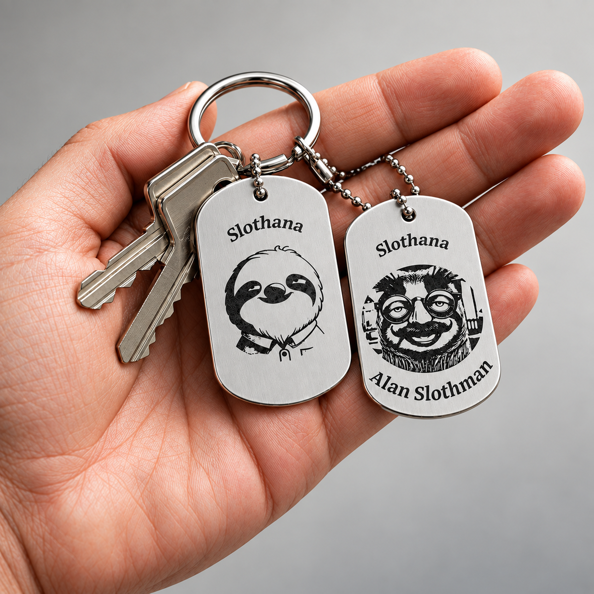 Dog Tag – 50 × 29 × 1 mm – aluminium – Slothana: Sloth & Alan Slothman – with engraving