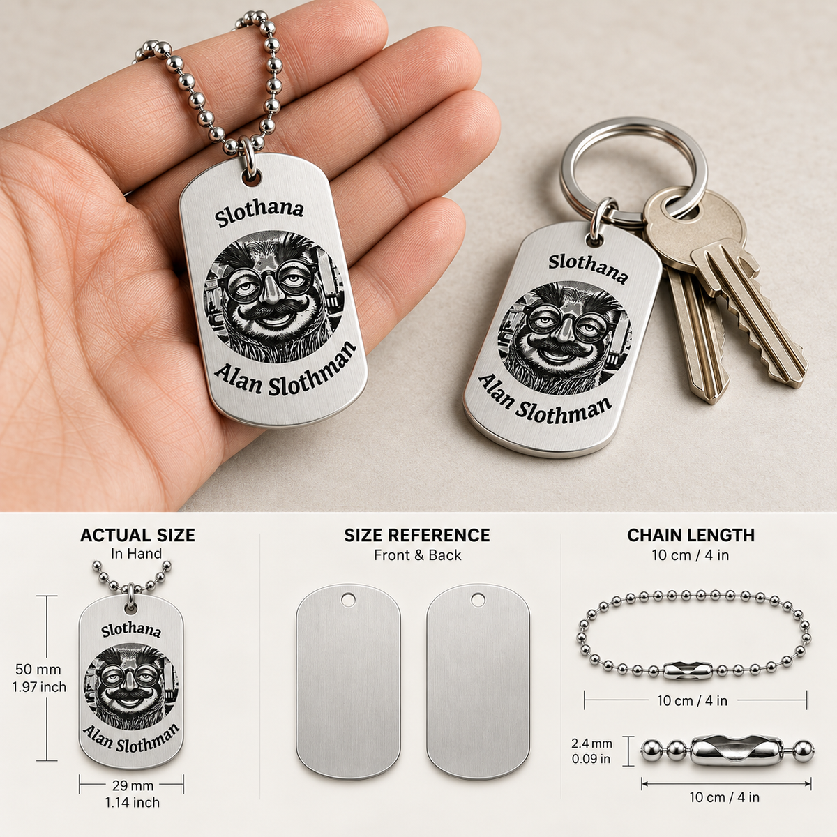 Dog Tag – 50 × 29 × 1 mm – aluminium – Slothana: Sloth & Alan Slothman – with engraving
