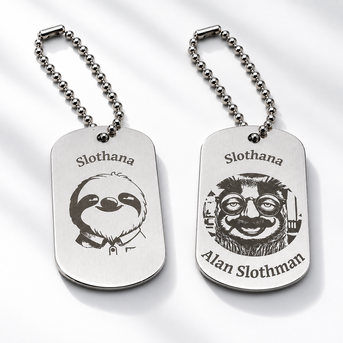 Dog Tag – 50 × 29 × 1 mm – aluminium – Slothana: Sloth & Alan Slothman – with engraving