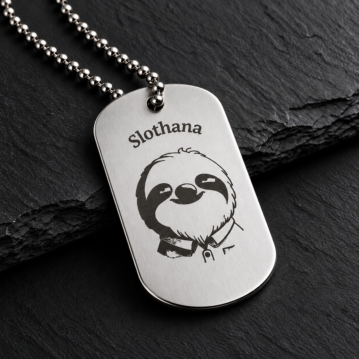 Dog Tag – 50 × 29 × 1 mm – aluminium – Slothana: Sloth & Alan Slothman – with engraving
