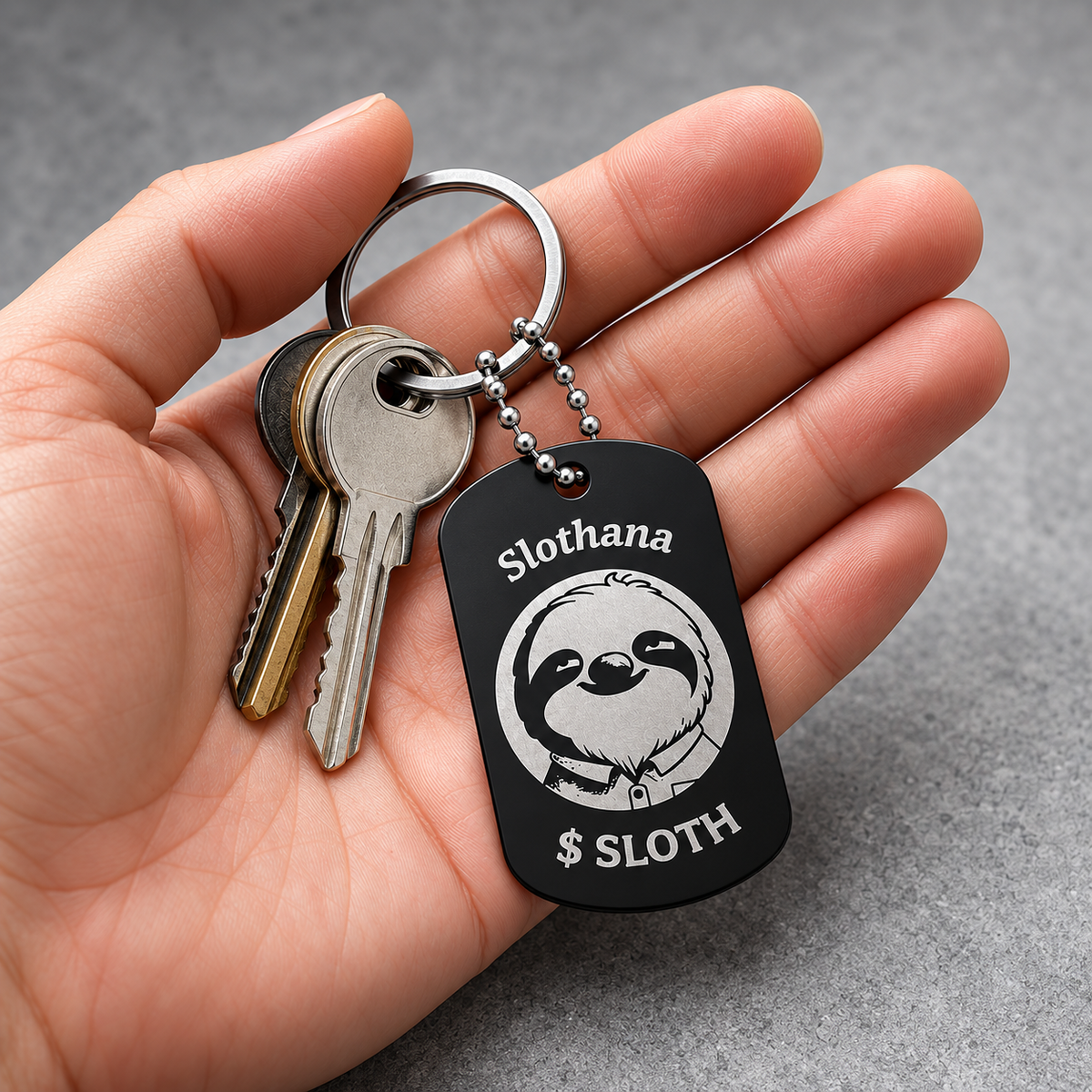 Dog Tag – 50 × 29 × 1 mm – aluminium – Slothana: Sloth & Alan Slothman – with engraving