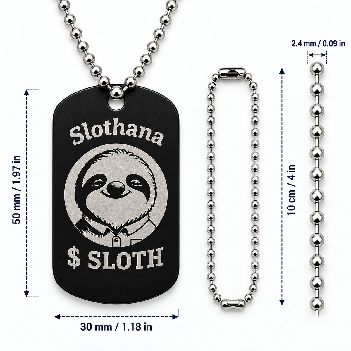 Dog Tag – 50 × 29 × 1 mm – aluminium – Slothana: Sloth & Alan Slothman – with engraving