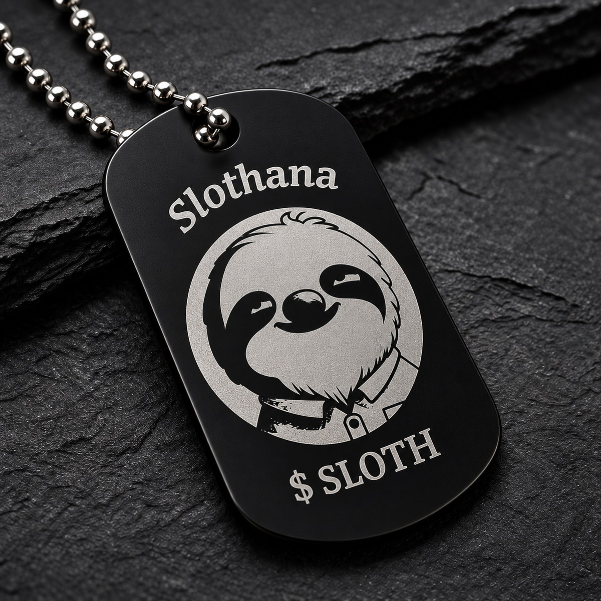Dog Tag – 50 × 29 × 1 mm – aluminium – Slothana: Sloth & Alan Slothman – with engraving
