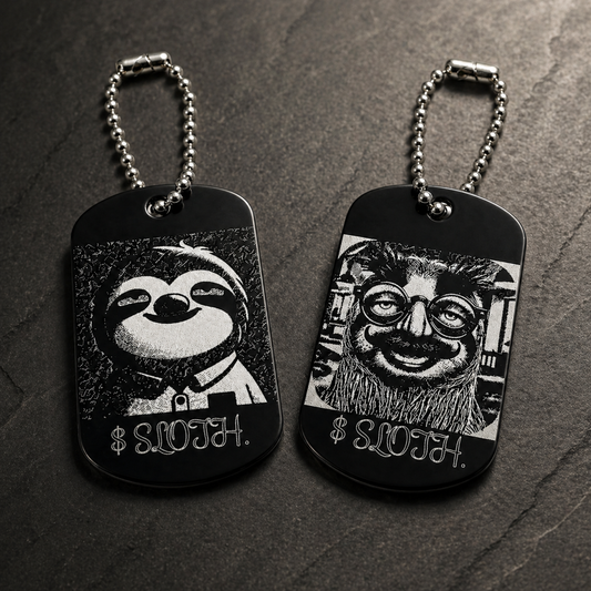 Dog Tag – 50 × 29 × 1 mm – aluminium – black – Slothana: Sloth & Alan Slothman – engraved on both sides