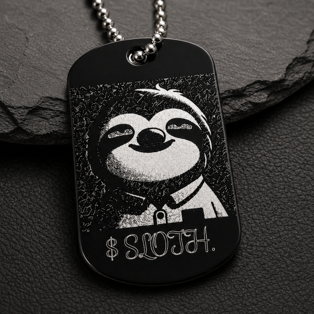 Dog Tag – 50 × 29 × 1 mm – aluminium – black – Slothana: Sloth & Alan Slothman – engraved on both sides