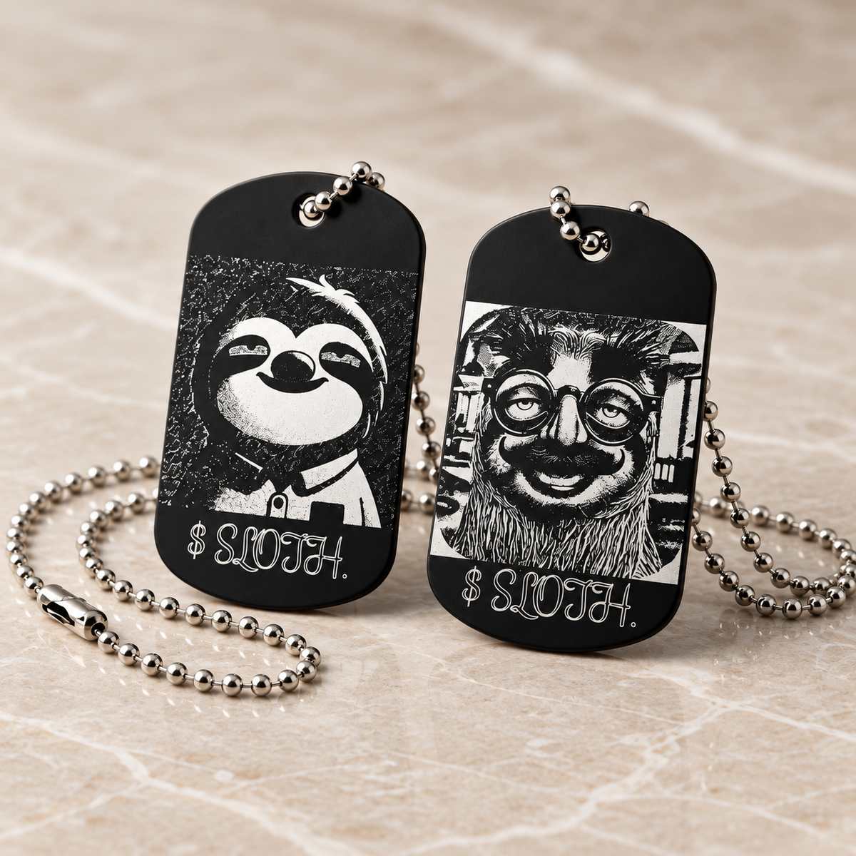 Dog Tag – 50 × 29 × 1 mm – aluminium – black – Slothana: Sloth & Alan Slothman – engraved on both sides