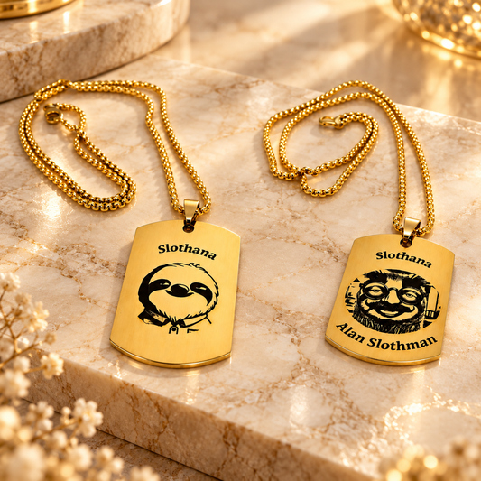 Dog Tag – 50 × 30 × 1.4 mm – stainless steel – gold – Slothana: Sloth & Alan Slothman – with engraving