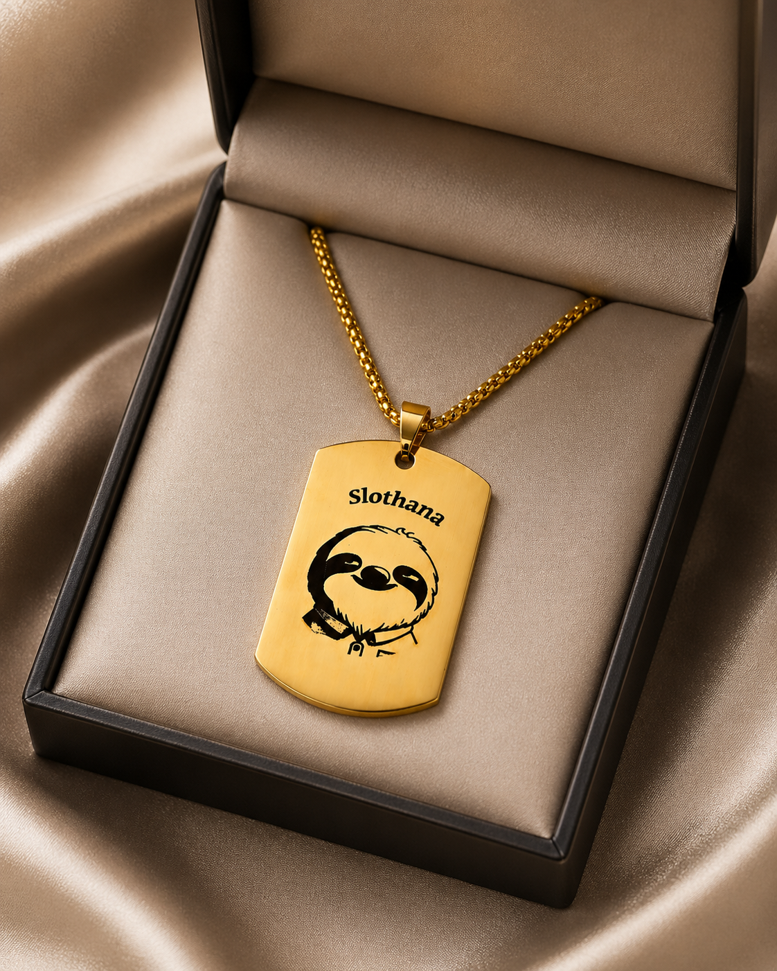 Dog Tag – 50 × 30 × 1.4 mm – stainless steel – gold – Slothana: Sloth & Alan Slothman – with engraving