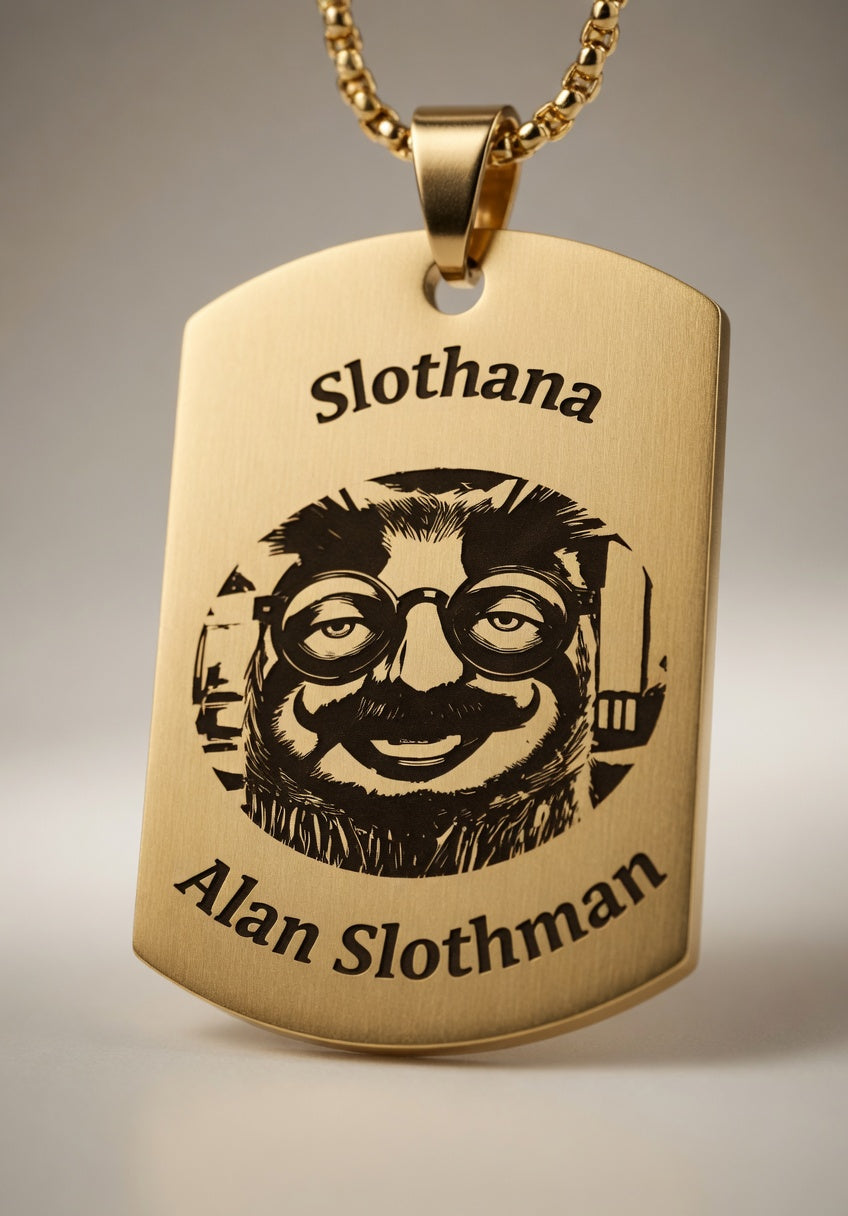 Dog Tag – 50 × 30 × 1.4 mm – stainless steel – gold – Slothana: Sloth & Alan Slothman – with engraving