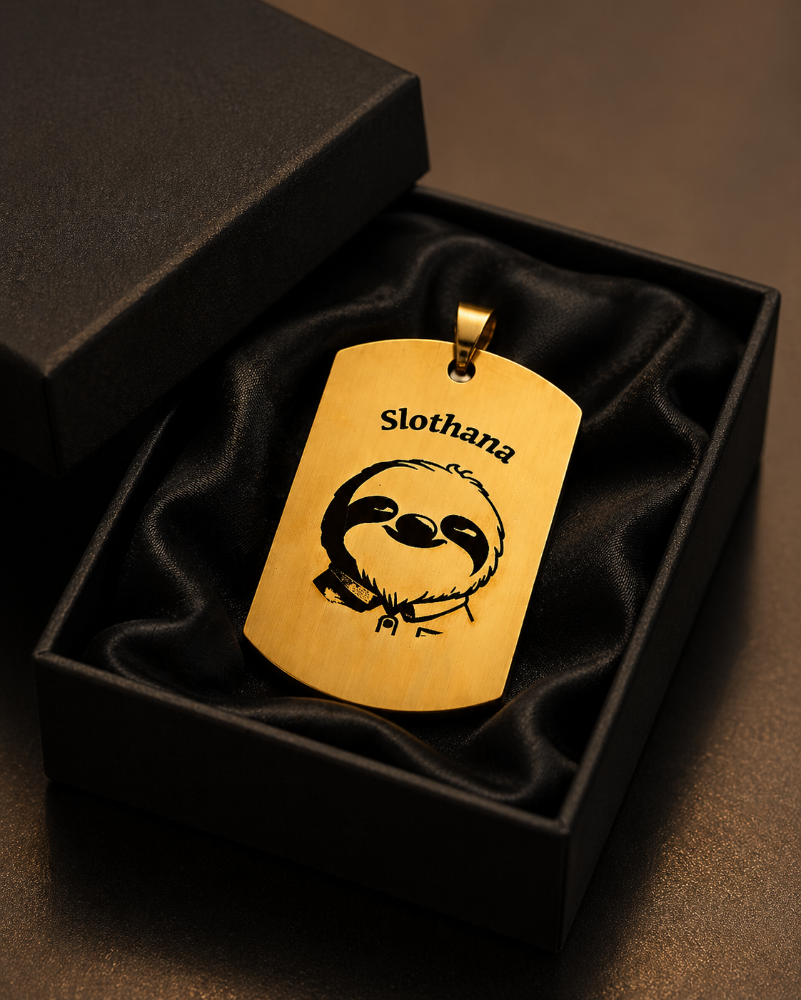 Dog Tag – 50 × 30 × 1.4 mm – stainless steel – gold – Slothana: Sloth & Alan Slothman – with engraving
