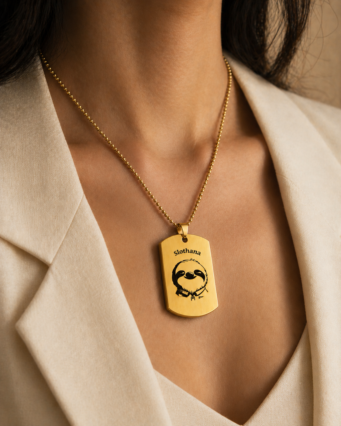 Dog Tag – 50 × 30 × 1.4 mm – stainless steel – gold – Slothana: Sloth & Alan Slothman – with engraving