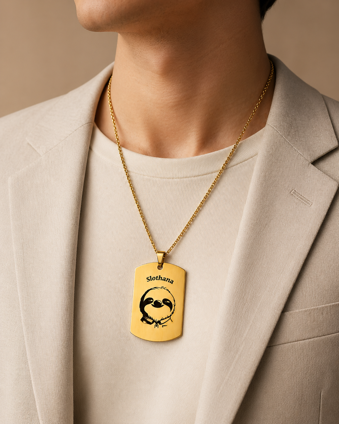 Dog Tag – 50 × 30 × 1.4 mm – stainless steel – gold – Slothana: Sloth & Alan Slothman – with engraving