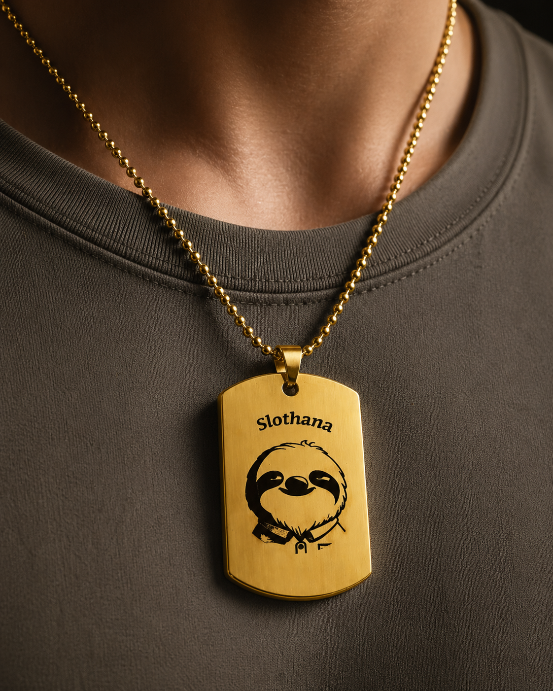 Dog Tag – 50 × 30 × 1.4 mm – stainless steel – gold – Slothana: Sloth & Alan Slothman – with engraving