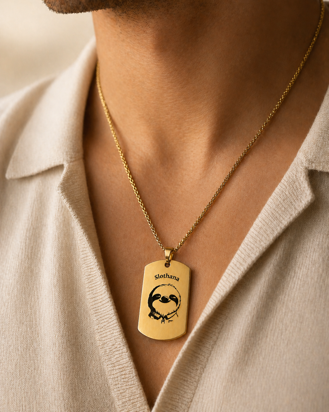 Dog Tag – 50 × 30 × 1.4 mm – stainless steel – gold – Slothana: Sloth & Alan Slothman – with engraving