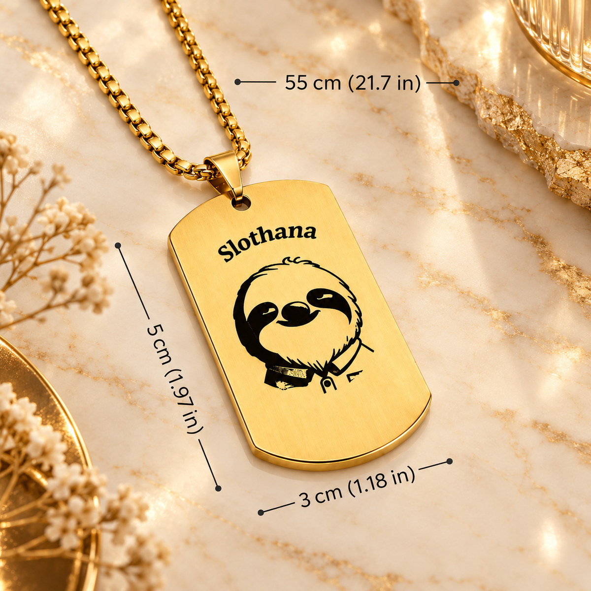 Dog Tag – 50 × 30 × 1.4 mm – stainless steel – gold – Slothana: Sloth & Alan Slothman – with engraving