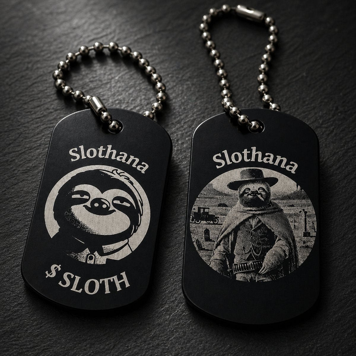 Dog Tag – 50 × 29 × 1 mm – aluminium – black – Slothana: Sloth Cowboy – with engraving – ball chain