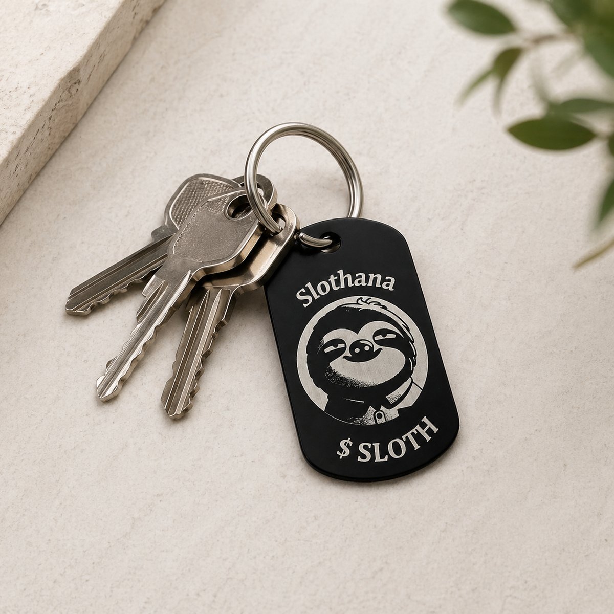 Dog Tag – 50 × 29 × 1 mm – aluminium – black – Slothana: Sloth Cowboy – with engraving