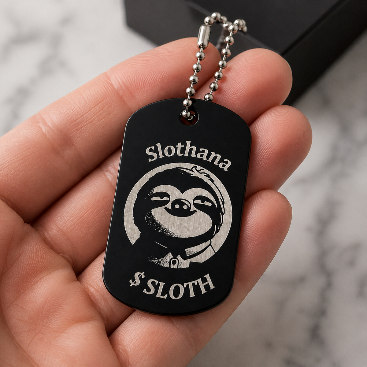 Dog Tag – 50 × 29 × 1 mm – aluminium – black – Slothana: Sloth Cowboy – with engraving – ball chain