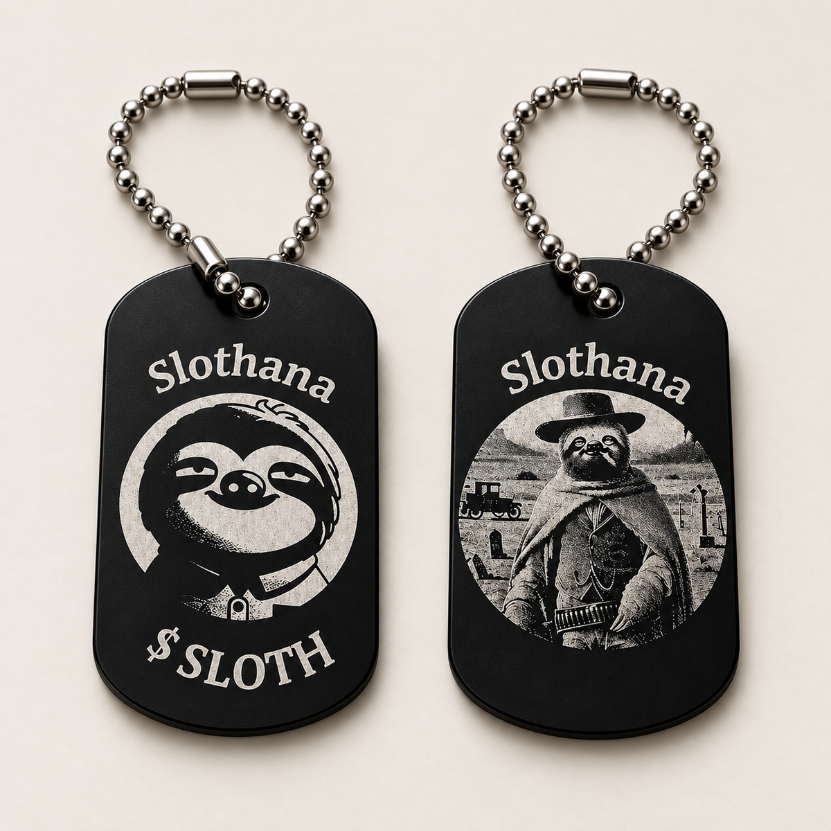 Dog Tag – 50 × 29 × 1 mm – aluminium – black – Slothana: Sloth Cowboy – with engraving