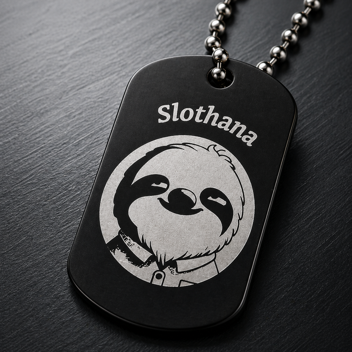 Dog Tag – 50 × 29 × 1 mm – aluminium – black – Slothana: Sloth & I Believe – with engraving